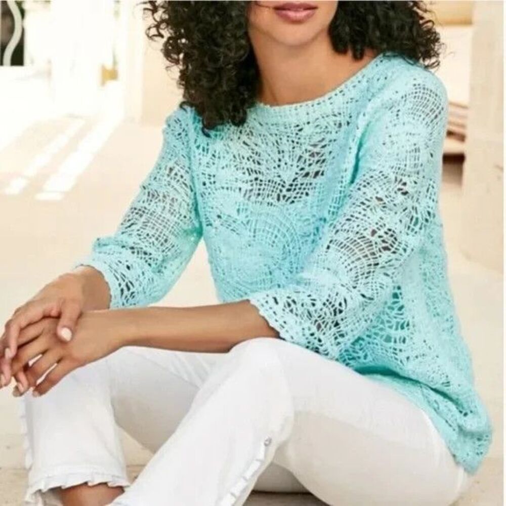 NWT's Soft Surroundings Laticia Sweater Aqua Tint Size Medium Crochet Elbow 3/4
